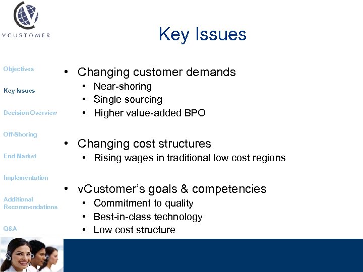 Key Issues Objectives Key Issues Decision Overview Off-Shoring End Market • Changing customer demands
