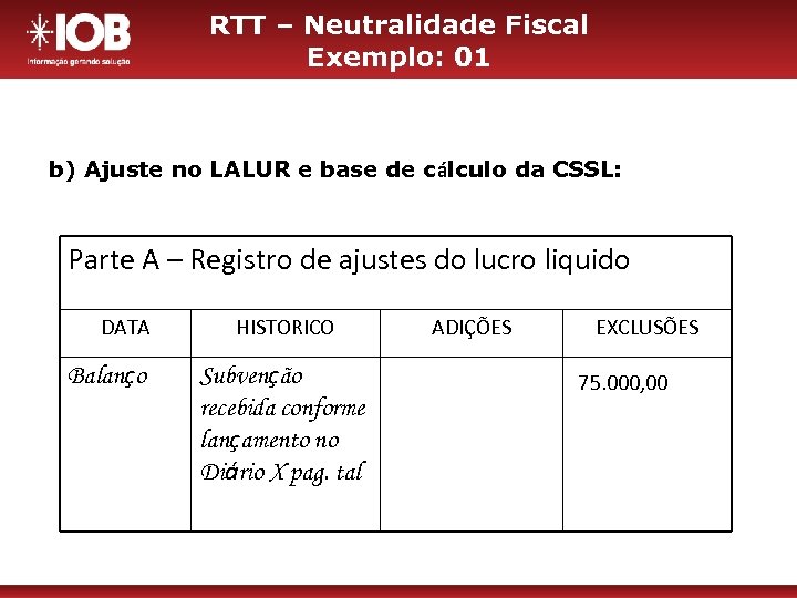 RTT – Neutralidade Fiscal Exemplo: 01 b) Ajuste no LALUR e base de cálculo