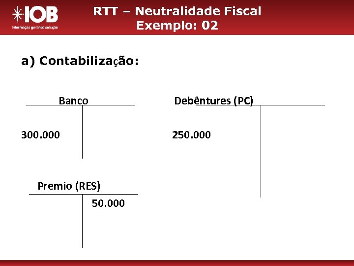 RTT – Neutralidade Fiscal Exemplo: 02 a) Contabilização: Banco 300. 000 Premio (RES) 50.