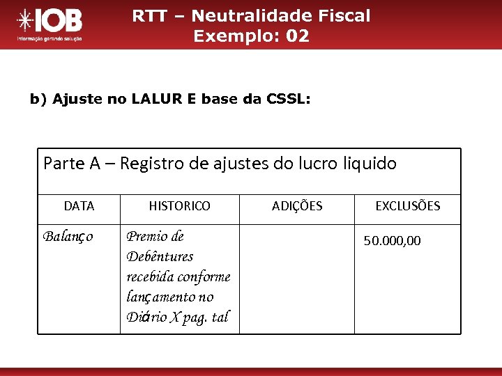 RTT – Neutralidade Fiscal Exemplo: 02 b) Ajuste no LALUR E base da CSSL: