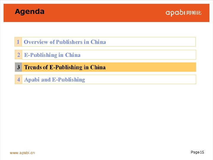 Agenda 1 Overview of Publishers in China 2 E-Publishing in China 4 Apabi and