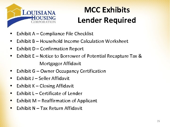 MCC Exhibits Lender Required • Exhibit A – Compliance File Checklist • Exhibit B