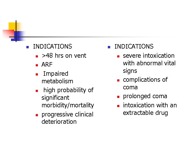 n INDICATIONS n >48 hrs on vent n ARF n Impaired metabolism n high