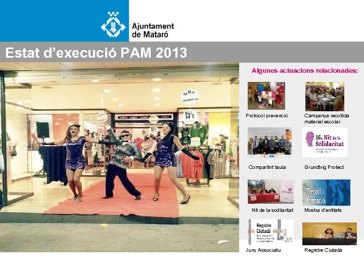 Estat d’execució PAM 2013 Algunes actuacions relacionades: Protocol prevenció Compartint taula Nit de la