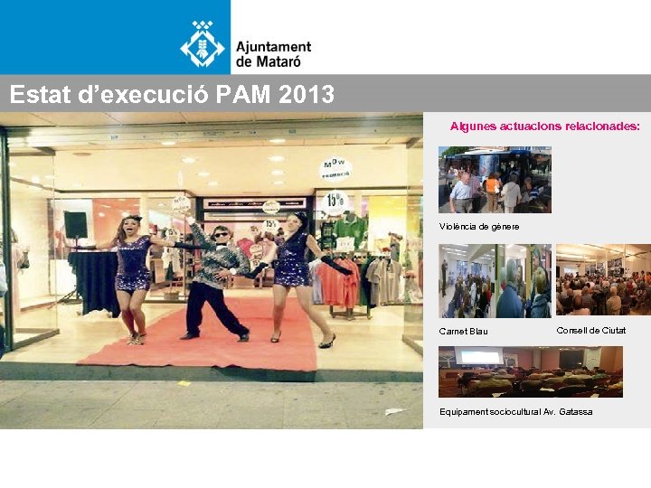 Estat d’execució PAM 2013 Algunes actuacions relacionades: Violència de gènere Carnet Blau Consell de