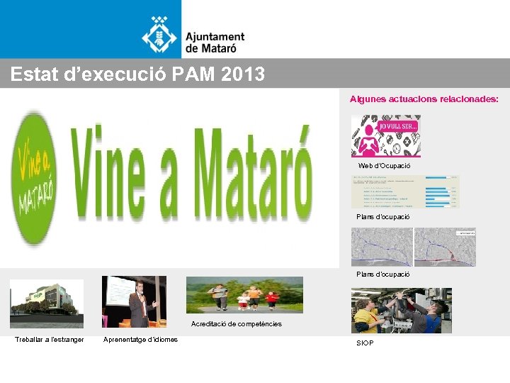Estat d’execució PAM 2013 Algunes actuacions relacionades: Web d’Ocupació Plans d’ocupació Acreditació de competències