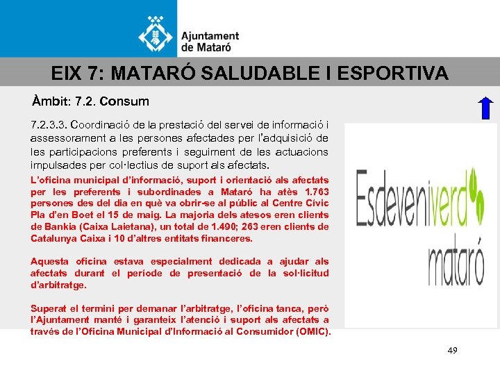 EIX 7: MATARÓ SALUDABLE I ESPORTIVA Àmbit: 7. 2. Consum 7. 2. 3. 3.