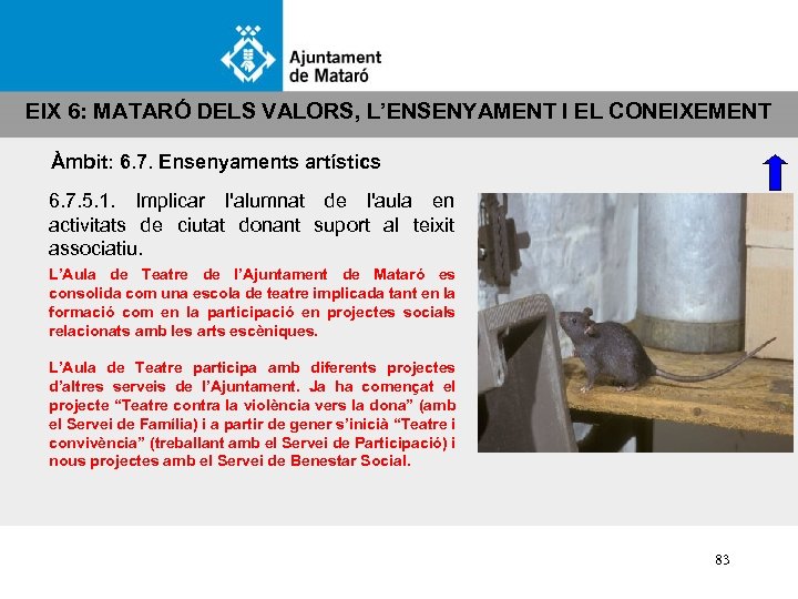 EIX 6: MATARÓ DELS VALORS, L’ENSENYAMENT I EL CONEIXEMENT Àmbit: 6. 7. Ensenyaments artístics