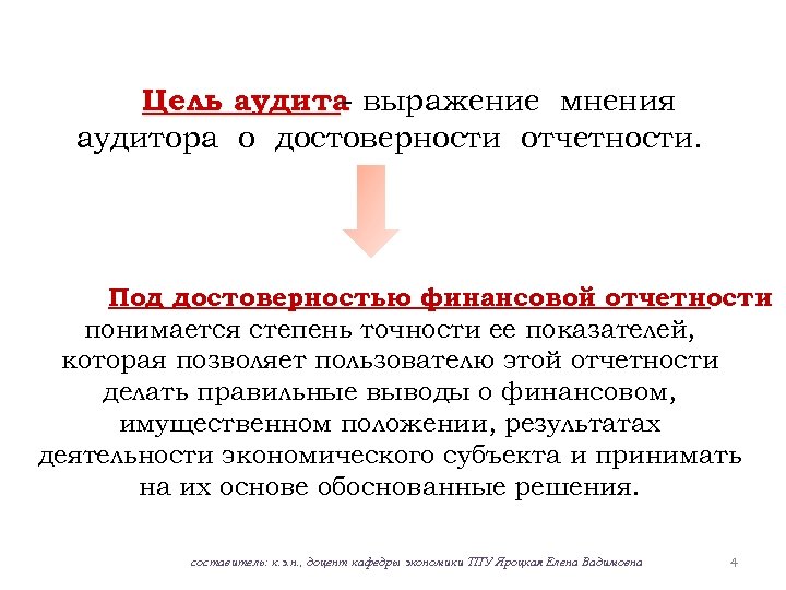 Цель аудита выражение мнения аудитора о достоверности отчетности. Под достоверностью финансовой отчетности понимается степень