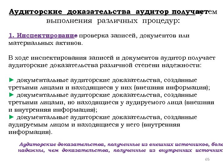 Аудиторские доказательства аудитор получает путем выполнения различных процедур: 1. Инспектирование проверка записей, документов или