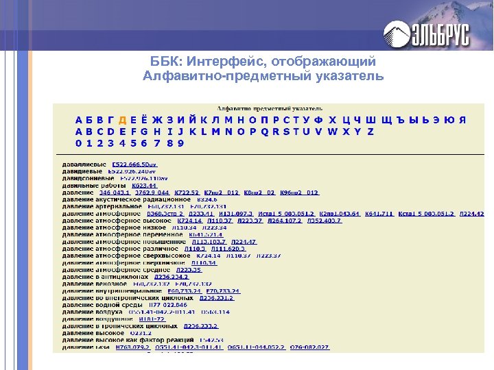 ББК: Интерфейс, отображающий Алфавитно-предметный указатель 