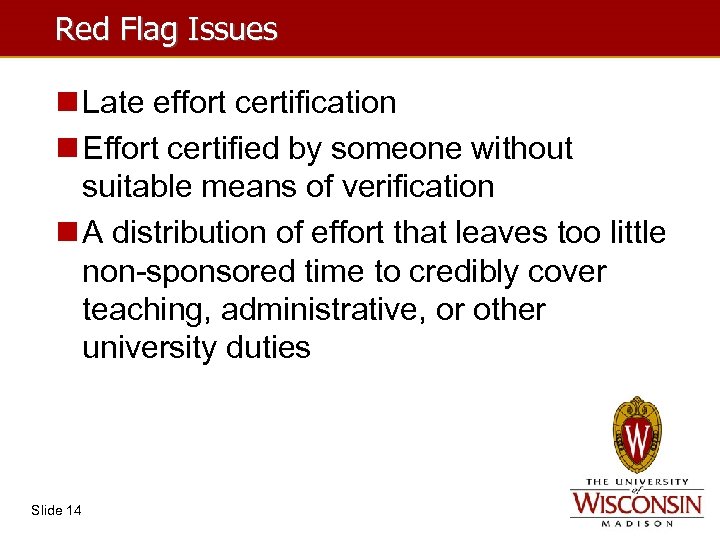 Red Flag Issues n Late effort certification n Effort certified by someone without suitable