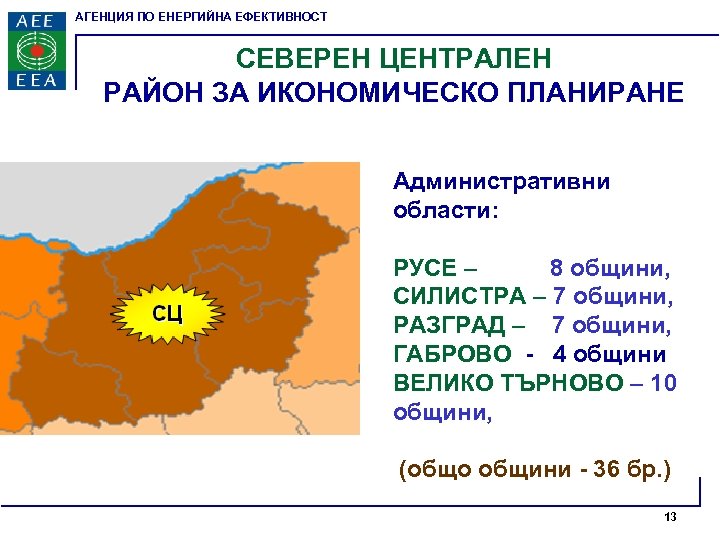АГЕНЦИЯ ПО ЕНЕРГИЙНА ЕФЕКТИВНОСТ СЕВЕРЕН ЦЕНТРАЛЕН РАЙОН ЗА ИКОНОМИЧЕСКО ПЛАНИРАНЕ Административни области: РУСЕ –
