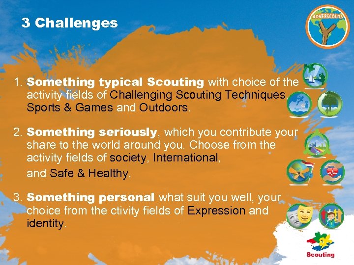 3 Challenges 1. Something typical Scouting with choice of the activity fields of Challenging