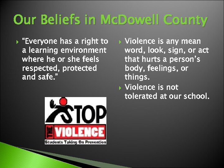 Our Beliefs in Mc. Dowell County “Everyone has a right to a learning environment