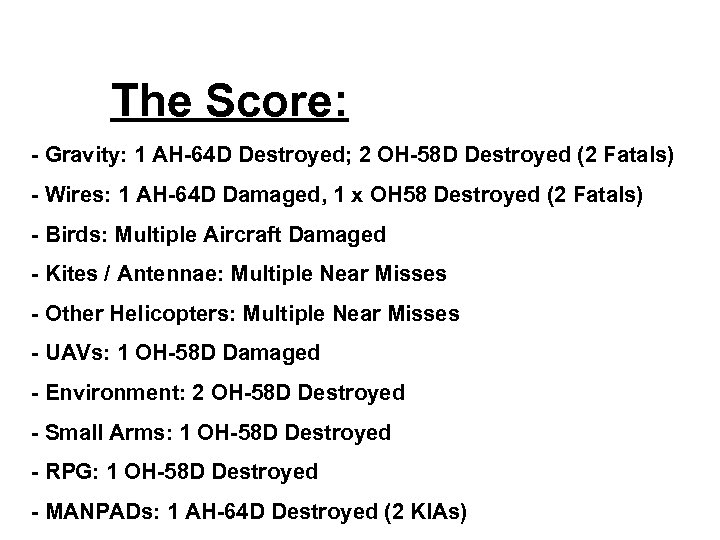 The Score: - Gravity: 1 AH-64 D Destroyed; 2 OH-58 D Destroyed (2 Fatals)