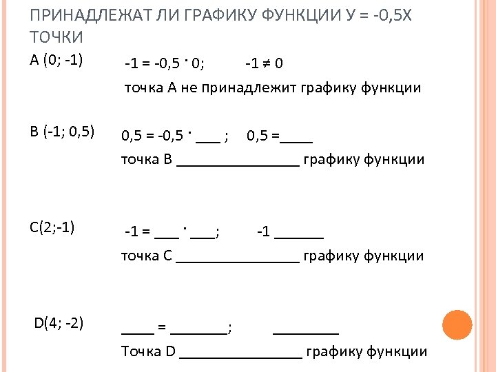 ПРИНАДЛЕЖАТ ЛИ ГРАФИКУ ФУНКЦИИ У = -0, 5 X ТОЧКИ А (0; -1) -1