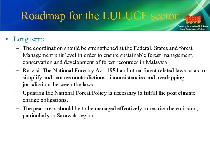 Roadmap for the LULUCF sector • Long term: – The coordination should be strengthened