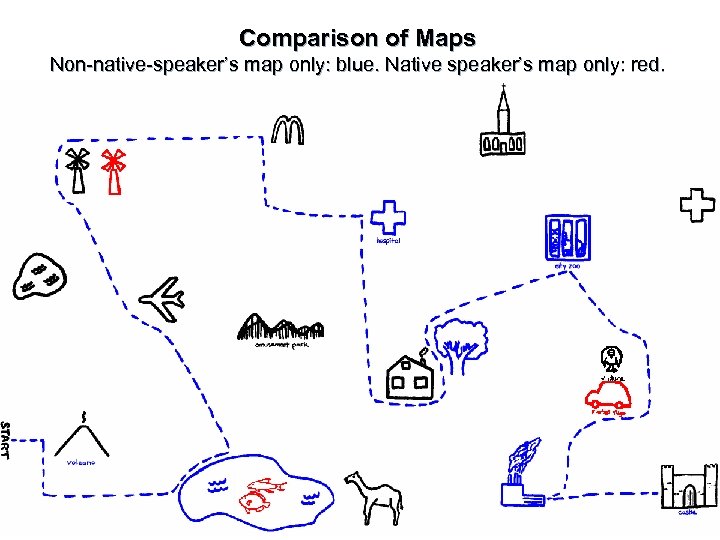 Comparison of Maps Non-native-speaker’s map only: blue. Native speaker’s map only: red. 