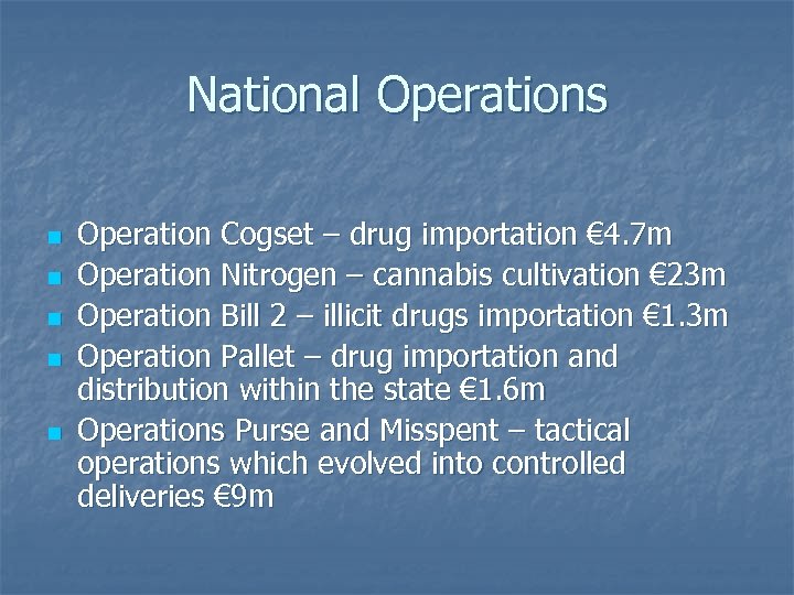 National Operations n n n Operation Cogset – drug importation € 4. 7 m