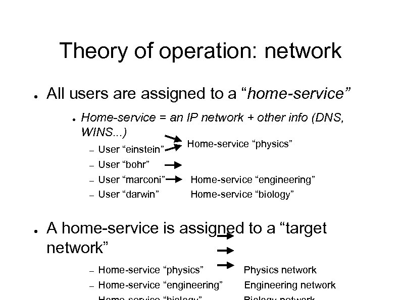 Theory of operation: network ● All users are assigned to a “home-service” ● Home-service