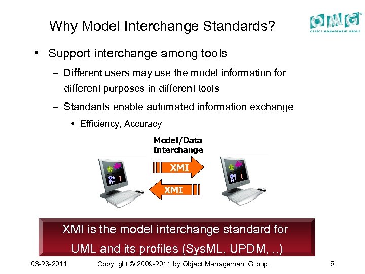 Why Model Interchange Standards? • Support interchange among tools – Different users may use
