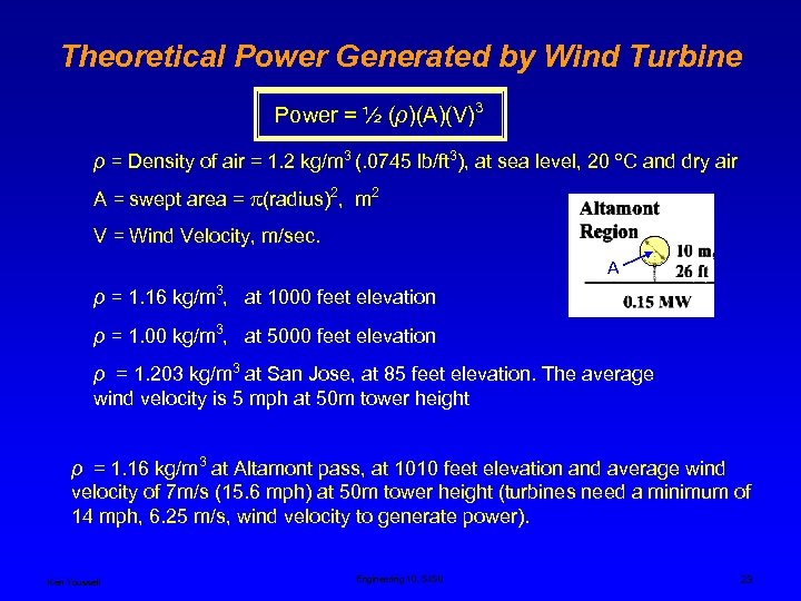 Theoretical Power Generated by Wind Turbine Power = ½ (ρ)(A)(V)3 ρ = Density of
