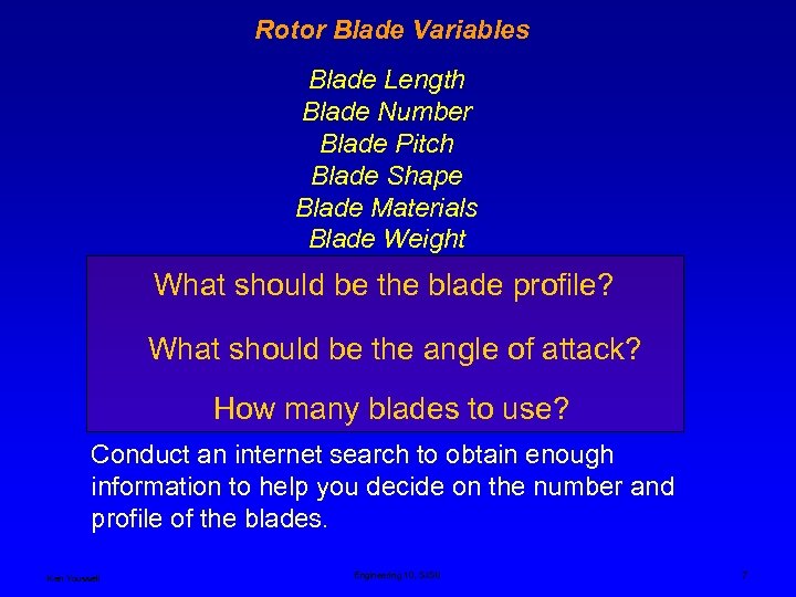 Rotor Blade Variables Blade Length Blade Number Blade Pitch Blade Shape Blade Materials Blade