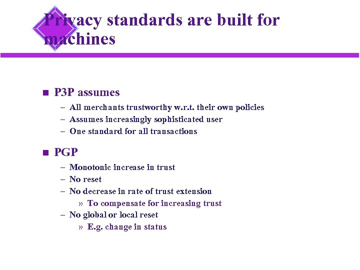 Privacy standards are built for machines P 3 P assumes – All merchants trustworthy