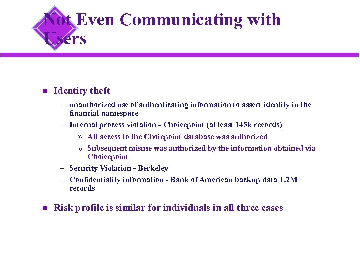 Not Even Communicating with Users Identity theft – unauthorized use of authenticating information to