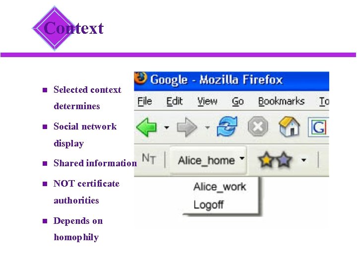 Context Selected context determines Social network display Shared information NOT certificate authorities Depends on