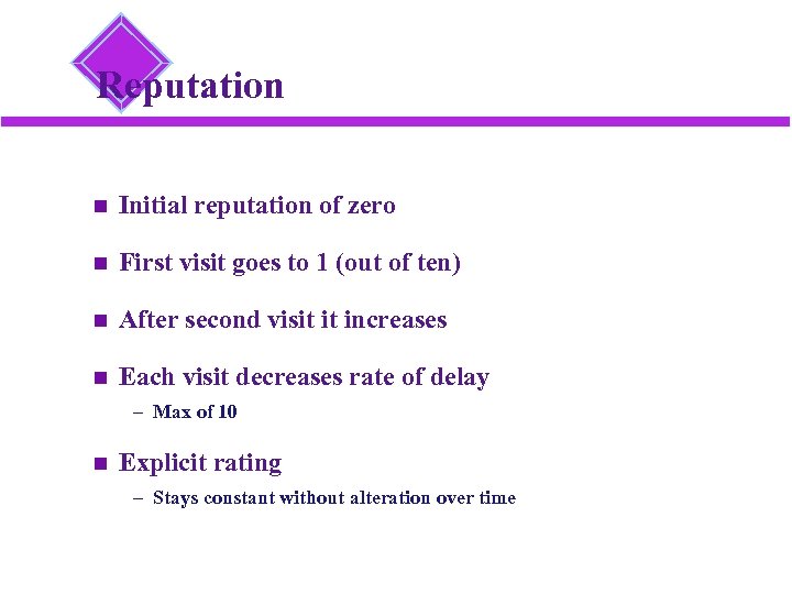 Reputation Initial reputation of zero First visit goes to 1 (out of ten) After