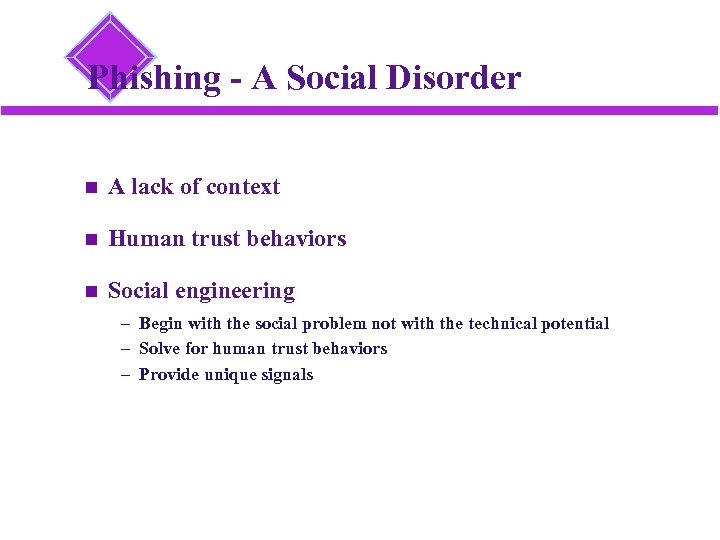 Phishing - A Social Disorder A lack of context Human trust behaviors Social engineering