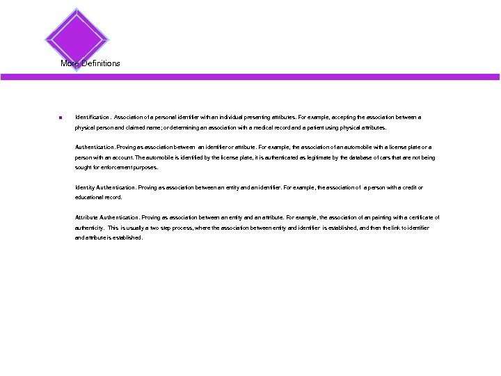 More Definitions Identification. Association of a personal identifier with an individual presenting attributes. For