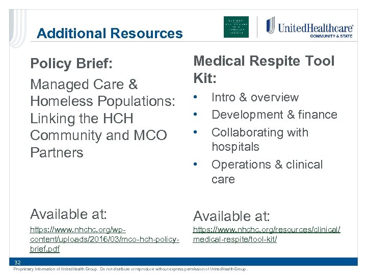 Additional Resources Policy Brief: Managed Care & Homeless Populations: Linking the HCH Community and