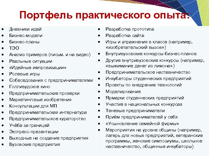 Портфель практического опыта: Дневники идей Бизнес-модели Бизнес-планы ТЭО Анализ примеров (письм. и на видео)