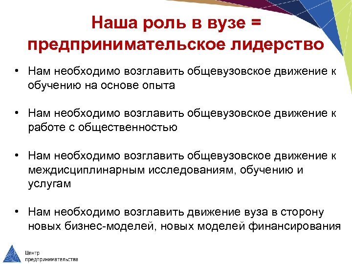 Наша роль в вузе = предпринимательское лидерство • Нам необходимо возглавить общевузовское движение к