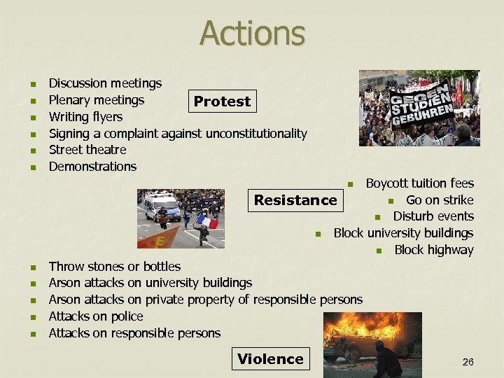 Actions n n n Discussion meetings Plenary meetings Protest Writing flyers Signing a complaint