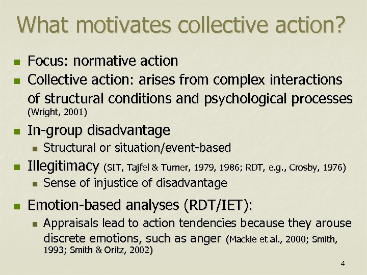 What motivates collective action? n n Focus: normative action Collective action: arises from complex