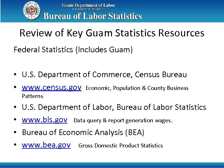 Review of Key Guam Statistics Resources Federal Statistics (Includes Guam) • U. S. Department