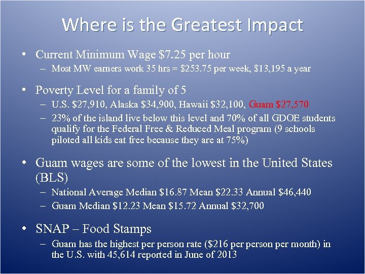 Where is the Greatest Impact • Current Minimum Wage $7. 25 per hour –
