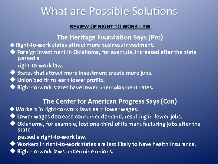 What are Possible Solutions REVIEW OF RIGHT TO WORK LAW The Heritage Foundation Says