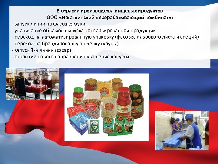 В отрасли производства пищевых продуктов ООО «Нагаткинский перерабатывающий комбинат» : - запуск линии по