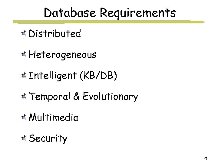 Database Requirements Distributed Heterogeneous Intelligent (KB/DB) Temporal & Evolutionary Multimedia Security 20 