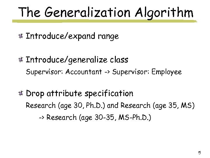 The Generalization Algorithm Introduce/expand range Introduce/generalize class Supervisor: Accountant -> Supervisor: Employee Drop attribute
