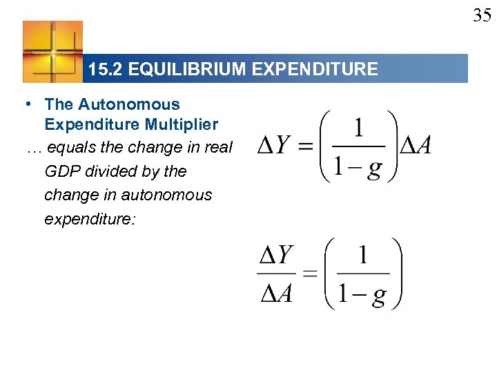 35 15. 2 EQUILIBRIUM EXPENDITURE • The Autonomous Expenditure Multiplier … equals the change