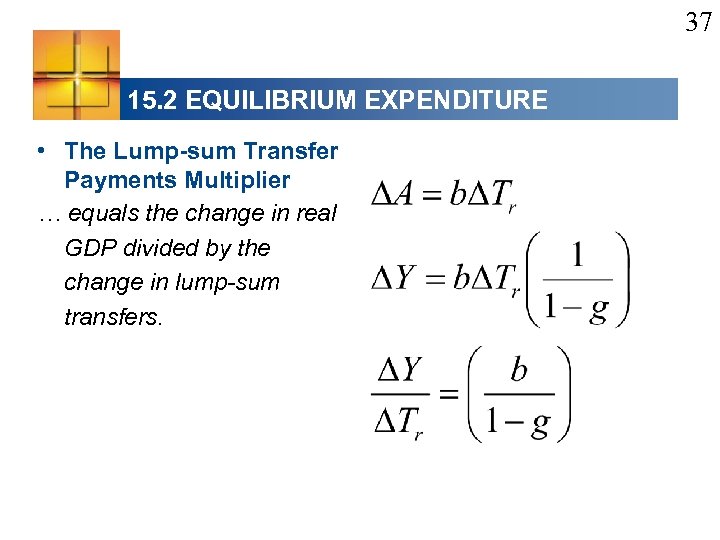 37 15. 2 EQUILIBRIUM EXPENDITURE • The Lump-sum Transfer Payments Multiplier … equals the