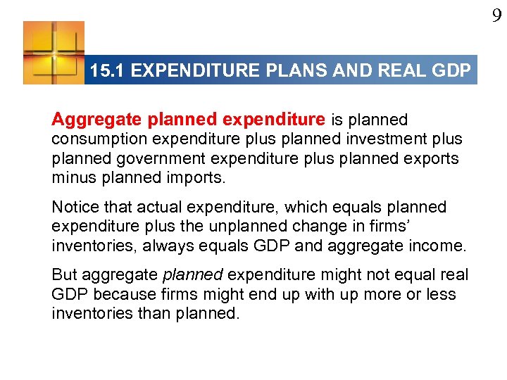 9 15. 1 EXPENDITURE PLANS AND REAL GDP Aggregate planned expenditure is planned consumption