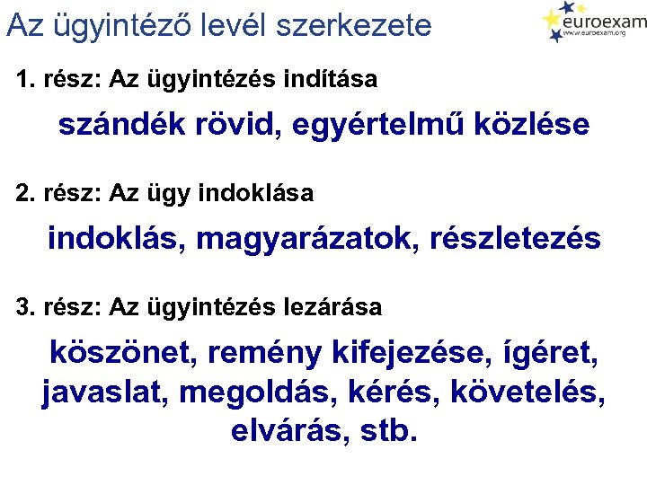 Az ügyintéző levél szerkezete 1. rész: Az ügyintézés indítása szándék rövid, egyértelmű közlése 2.