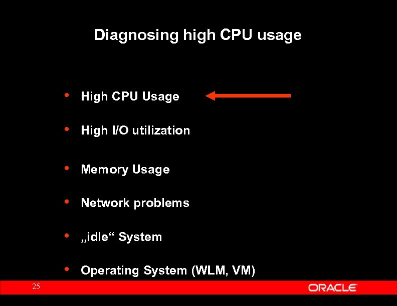 Diagnosing high CPU usage • • High I/O utilization • Memory Usage • Network